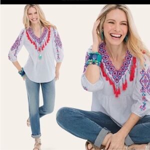 Chico’s Embroidered 3/4 sleeve v-neck blouse with fringe Boho, Western Size 0